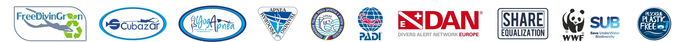 Loghi FreeDivinGreen, Scubazar, YogApnea, Apnea Academy, FIPSAS, PADI, DAN Europe, SHARE Equalization, WWF Sub e Pescasub Plastic Free